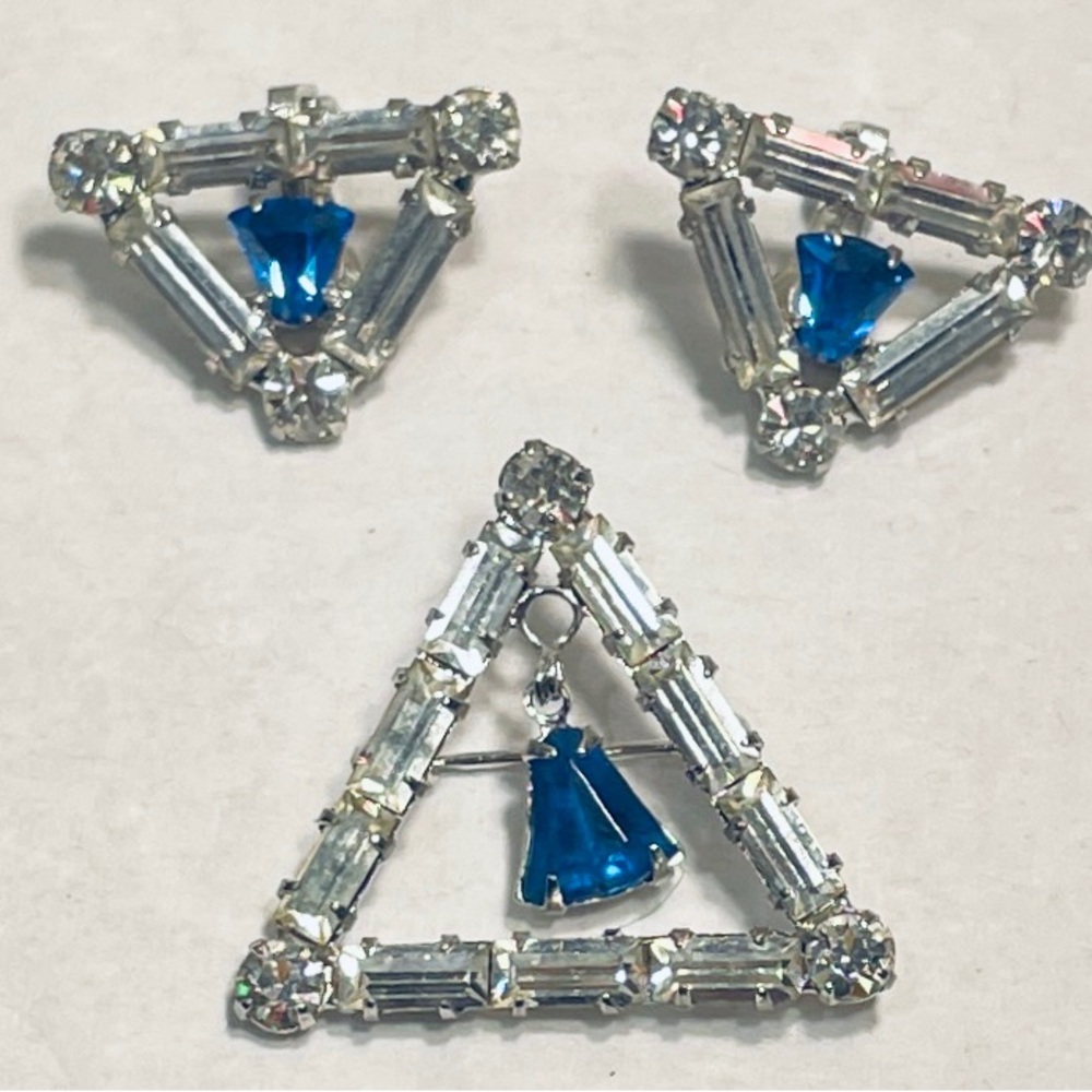 Vintage Silver & Blue Triangle Rhinestone Brooch & Earrings Set